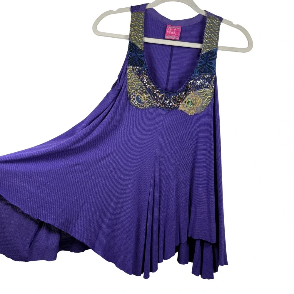 Free People Purple Embellished Sequin Tank Top Boho Handkerchief Hem Ribbed